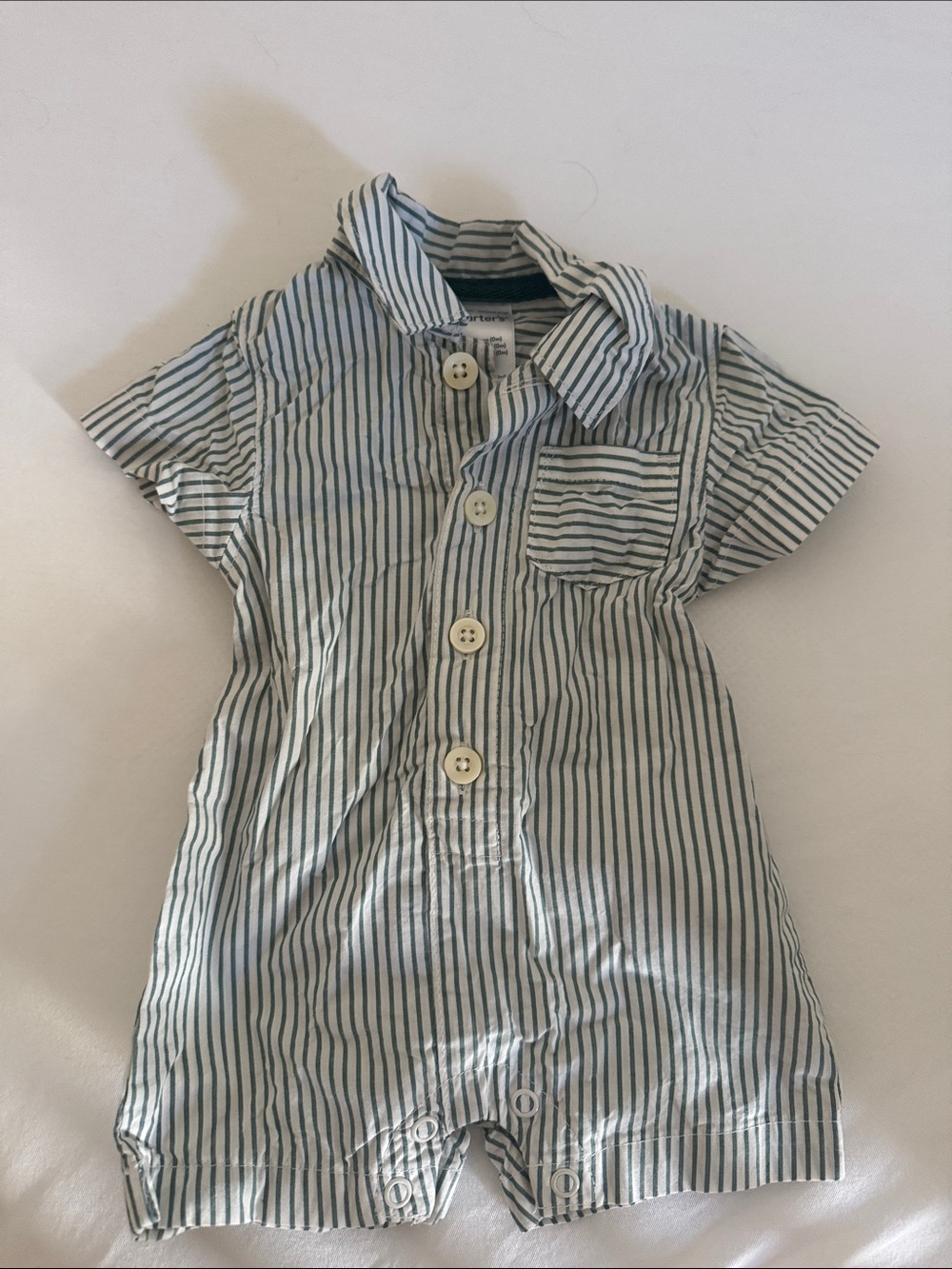 newborn Short-Sleeve Button Romper - White with Green Stripes